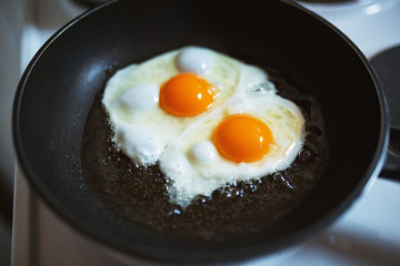 Two eggs fried in a pan with oil