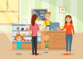 Two Mothers and Kids at Bakery Shop Illustration. Flat Cartoon Woman Ordering Cake for Birthday Party or Treats for Children, Lady Buying Coffee. Shopman Standing at Counter. Vector Shoppers