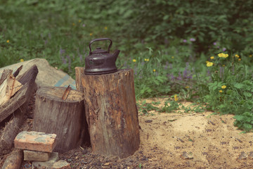 old teapot on a stump