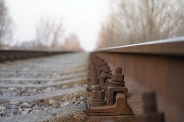 Railroad track, rails and railway sleepers.
