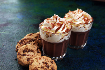 hot chocolate with cocoa and chocolate chip cookies and whipped cream