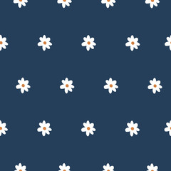 Cute Repeat Daisy Wildflower Pattern with navy blue background. Seamless floral pattern. White Daisy. Stylish repeating texture. Repeating texture. 