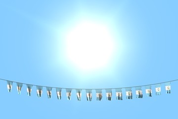 nice many Guatemala flags or banners hangs on rope on blue sky background - any occasion flag 3d illustration..