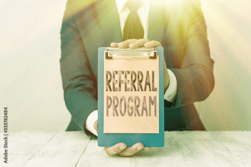 Poster conceptual hand writing showing referral program. concept meaning employees are rewarded for introdu