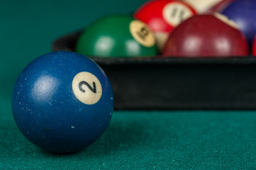 Billiards balls and cue on billiards table. Billiard sport concept