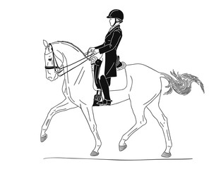 Dressage horse and woman rider, extended trot, black and white image
