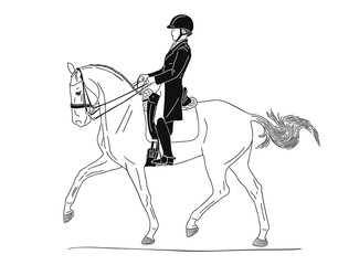 Fototapeta na wymiar Dressage horse and woman rider, extended trot, black and white image