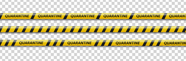 Vector set of realistic isolated quarantine caution tape with yellow and black stripes for decoration on the transparent background. Concept of pandemic precaution.