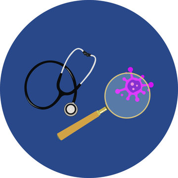 Under observation illustration, stethoscope , magnifying glass and virus / coronavirus