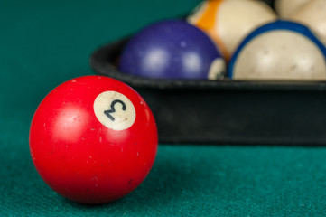 Billiards balls and cue on billiards table. Billiard sport concept