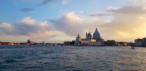 Fototapeta premium Panoramic photo of the Venetian lagoon in the evening. Traveling in Italy.