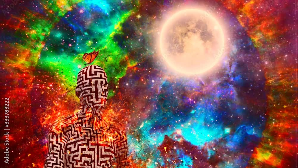 Poster surrealism. burning figure of man with maze pattern in lotus pose. vivid universe on background