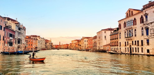 Panoramic photo of the Grand Canal in Italian Venice in the morning.