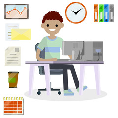 Programmer at work. Hobbies and Internet. Man sitting at table with computer and monitor. Cup of coffee and books. Freelance typing message. Cartoon flat illustration. Office set collection.