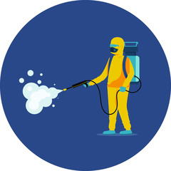 Man wearing safety suit and spraying to kill germs