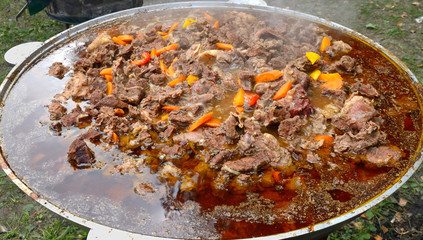 Cauldron full of stewed delicious meat set on moveable wood stove