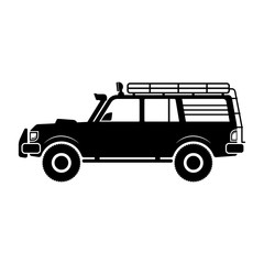 Large expeditionary SUV icon. Black silhouette. Side view. Car for travel, tourism and off-road. Vector graphic illustration. Isolated object on a white background. Isolate.