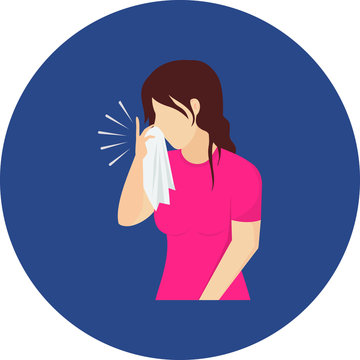 Girl sneezing or coughing and having handkerchief in hands. 