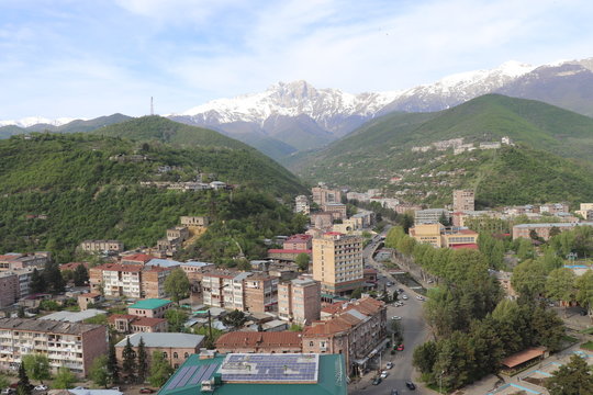 Armenian city of Kapan in spring. In the distance mount Khustup