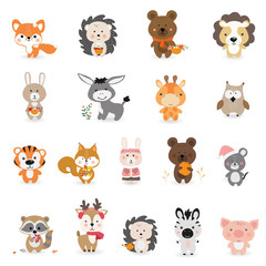 Obraz na płótnie Canvas Set of vector cute animals in cartoon style. A collection of small animals in the children's style.