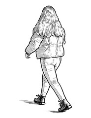 Sketch of teen girl with long hair walking along street