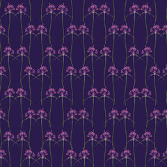 Pink small prairie wild onion flower, hand painted watercolor illustration, seamless pattern design on dark blue background