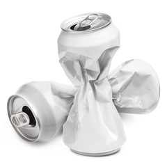 Two crumpled empty white aluminium cans, isolated on white background