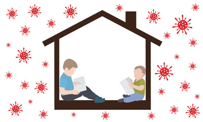 Quarantine. Education at home. School children and preschooler stay at home and read books. Self-isolation due to the coronavirus. Vector illustration.