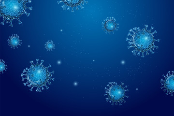 Fototapeta na wymiar Futuristic Coronavirus 2019-nCoV, Covid-19 web banner template with glowing low polygonal virus cells on dark blue background. Virus pandemic alert. Modern wire frame mesh design