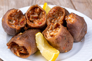 Traditional delicious Turkish foods; dried eggplant stuffed (Kuru patlican dolmasi)