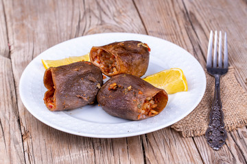 Traditional delicious Turkish foods; dried eggplant stuffed (Kuru patlican dolmasi)