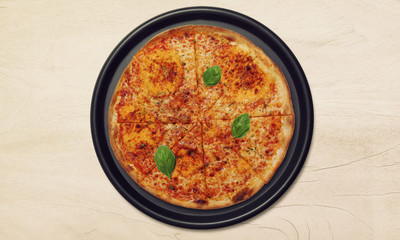 Food ingredients and herbs for cooking delicious homemade pizza. Pizza, Basil, Tomatoes, Italy. 