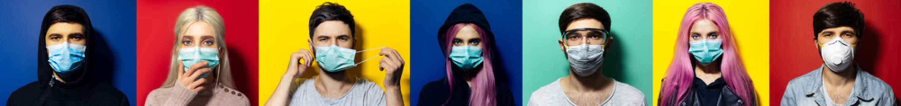 Collage of diverse portraits on colored backgrounds, girl and guy wearing medical flu mask on face, coronavirus prevention.