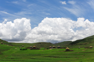 Traditional Basotho African huts in the Kingdom of Lesotho