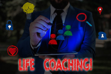 Writing note showing Life Coaching. Business concept for Employee employed to help showing attain...