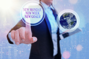 Writing note showing New Monday New Week New Goals. Business concept for goodbye weekend starting...