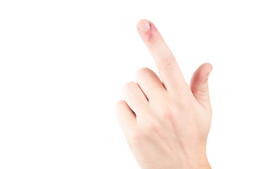 person with finger infection disease. fingernail pain. isolated on white background. copy space