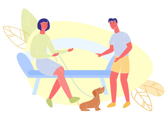 Woman With Dog on Leash Sitting on Bench Talking Guy. Family Walking in Park. Vector Illustration. Mother and Son Spends Time Together. Funny Company. Park Area. Mom with Brown Dog on Leash.