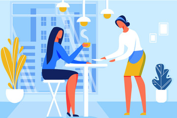 Young Woman Drinking Hot Coffe or Tea Holding Mug Cartoon Flat Vector Illustration. Cup with Hot Drink. Girl Sitting in Cafe or Restaurant Relaxing or Having Rest. Waitress Serving Customer.