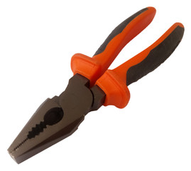 BLACK and ORANGE PLIERS ON a WHITE BACKGROUND