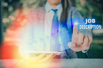 Writing note showing Job Description. Business concept for a formal account of an employee...