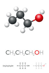 Propanol, CH3CH2CH2OH, n-propanol, molecule model and chemical formula. PrOH is a primary alcohol, disinfectant and solvent in the pharmaceutical and cosmetic industry. Isolated illustration. Vector.