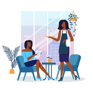 Young Woman in Restaurant Flat Vector Illustration. Cafe Customer and Employee Cartoon Characters. African American Lady Sitting in Chair, Reading Menu. Waiter Holding Serving Tray with Cocktail