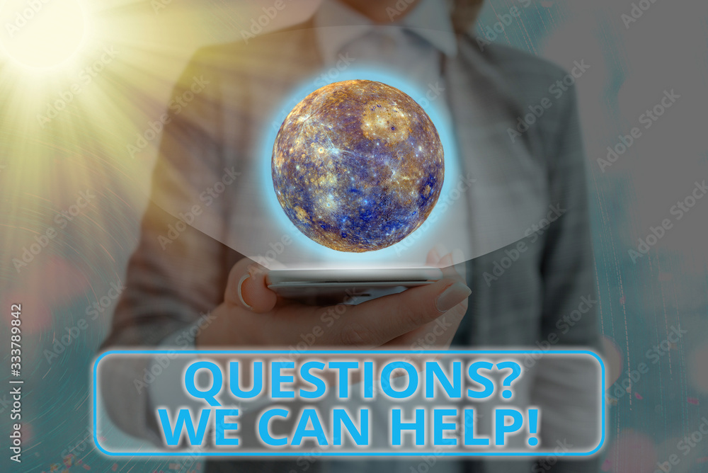 Poster writing note showing questionsquestion we can help. business concept for offering help to those who 