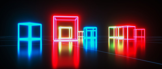 a futuristic background with neon glowing cubes (3d rendering)