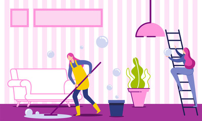 Woman Housekeeper, Housewife or Cleaning Company Worker Cleaning and Washing Floor in House Living Room Flat Vector Illustration. Cleaning Service Concept. Woman Tidies Home. Going up by Ladder.