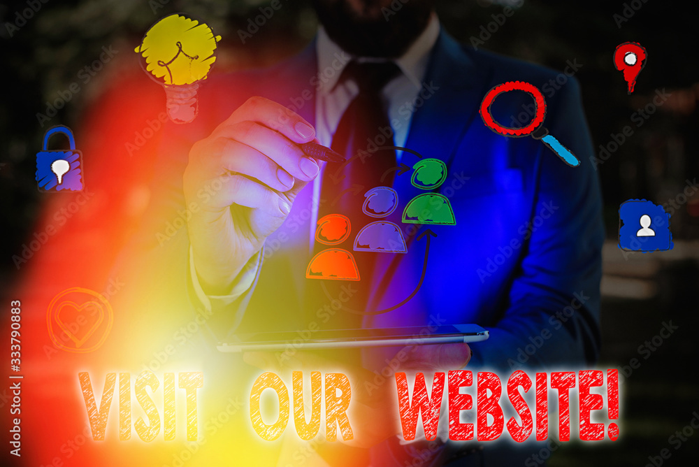 Aufkleber writing note showing visit our website. business concept for visitor who arrives at web site and pro