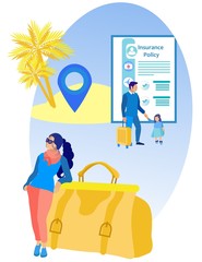 Woman with Travel Bag in Foreground and Man with Girl. Insurance Policy. Vector Illustration. Reliable Protection. Insurance Case. Life and Health Insurance on Vacation. Yellow Suitcase and Bag.