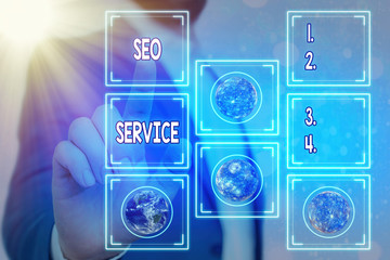 Text sign showing Seo Service. Business photo showcasing techniques and procedures to increase the...