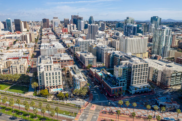 Aerial drone footage of an empty and desolate Downtown San Diego during the Covid-19 Coronavirus Pandemic of 2020. San Diego, California, USA.